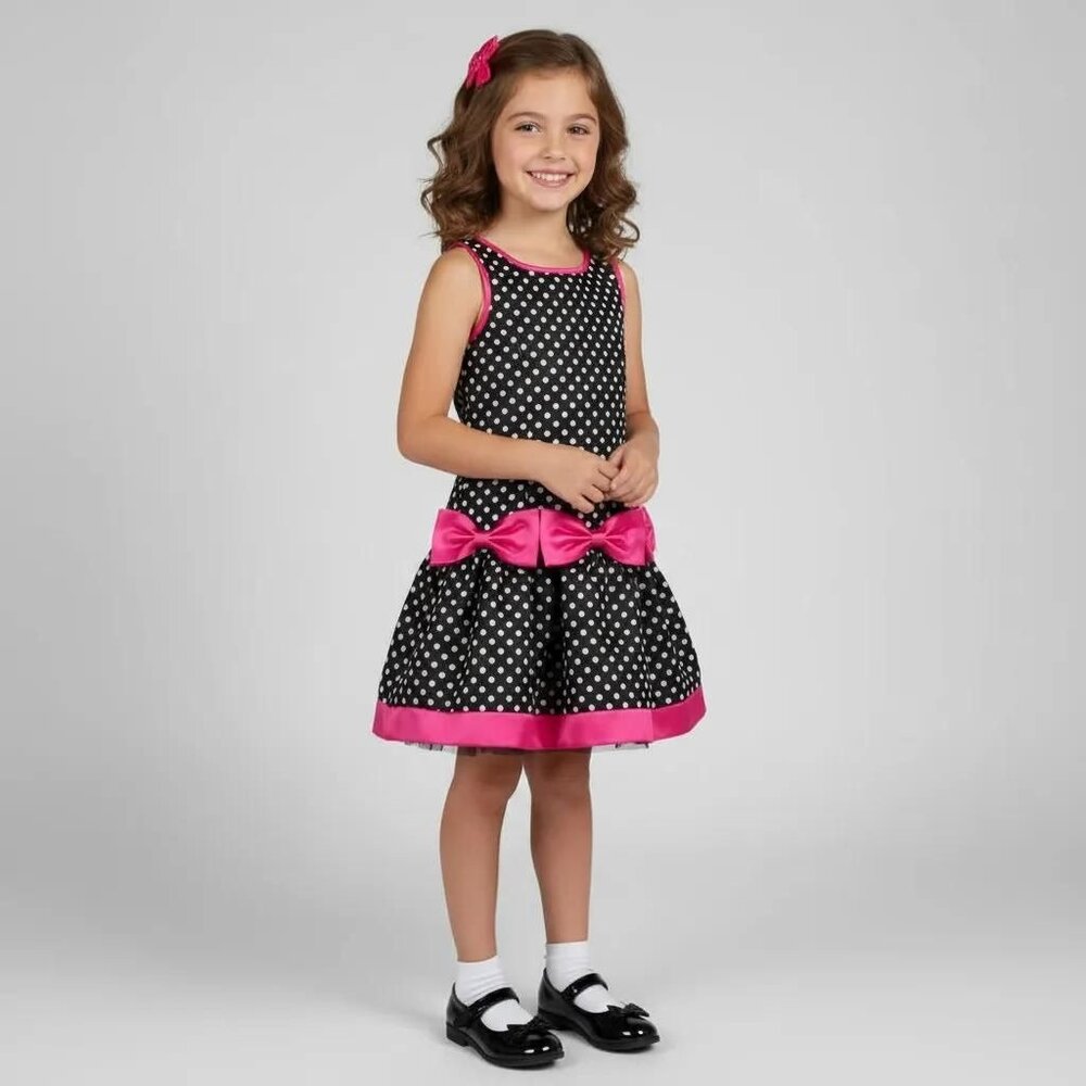 Bonnie Jean Kids Girls Black White Polka Dot Pink Trim Drop Waist Dress Size 10 - Picture 1 of 12